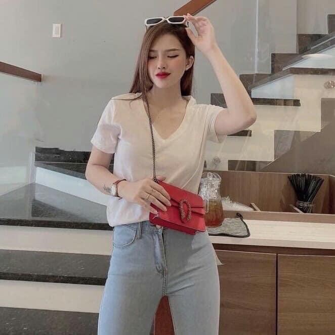 Áo thun trơn cổ tim kiểu dáng trẻ trung chất cotton