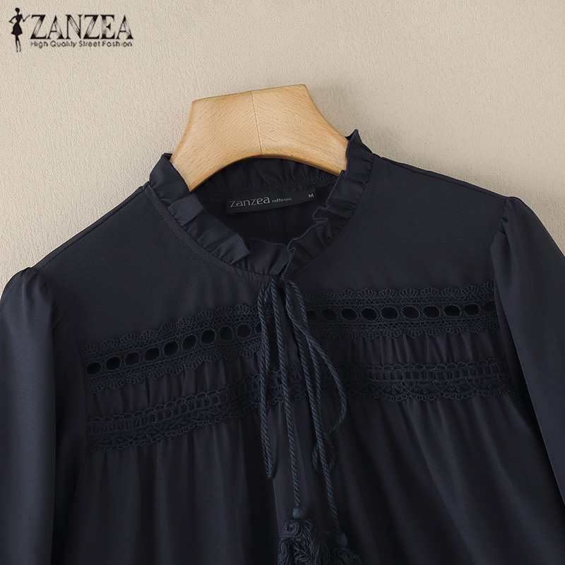 ZANZEA%20Women%20Vacation%20O%20Neck%20Tassel%20Lace%20Up%20A-Line%20Dress%20Lace%20Splicing%203/4%20Lantern%20Sleeve%20Solid%20Midi%20Dresses%20-%20Image%207