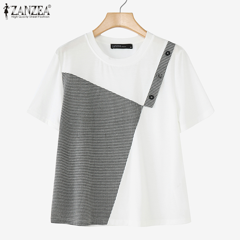 ZANZEA%20Women%20Summer%20Fake%20Two%20Pieces%20Plaid%20Patchwork%20Blouses%20Short%20Sleeve%20Crew%20Neck%20Daily%20Top%20#0804%20-%20Image%205