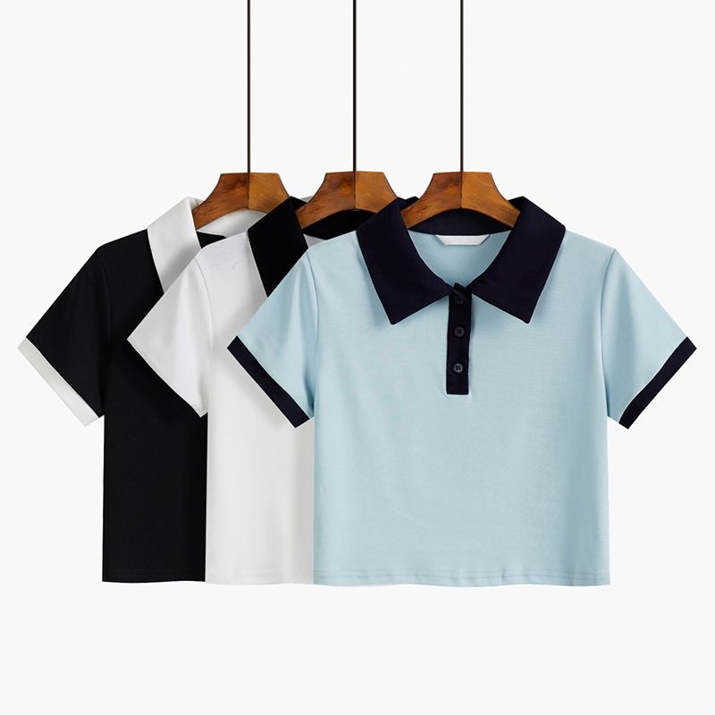 Áo Croptop nữ Cổ Bẻ Áo Thun Polo Basic Cơ Bản Trắng Đen Phối Cổ