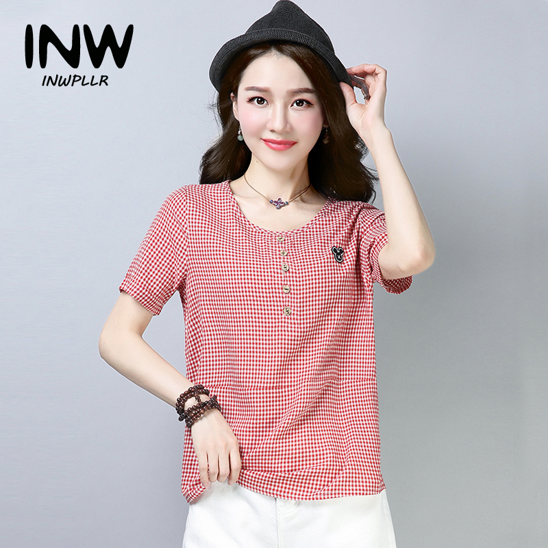 INWPLLR Women Tops Summer Retro Plaid Shirts Women's Fashion Cotton Linen Blouses Lady Shirt Plus Size Short-sleeved Blouse For Women Korea Top