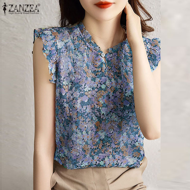 ZANZEA%20Women's%20Blouse%20Holiday%20Summer%20Tank%20Vest%20Casual%20Floral%20Cap%20Sleeveless%20Loose%20Blouse%20-%20Image%202