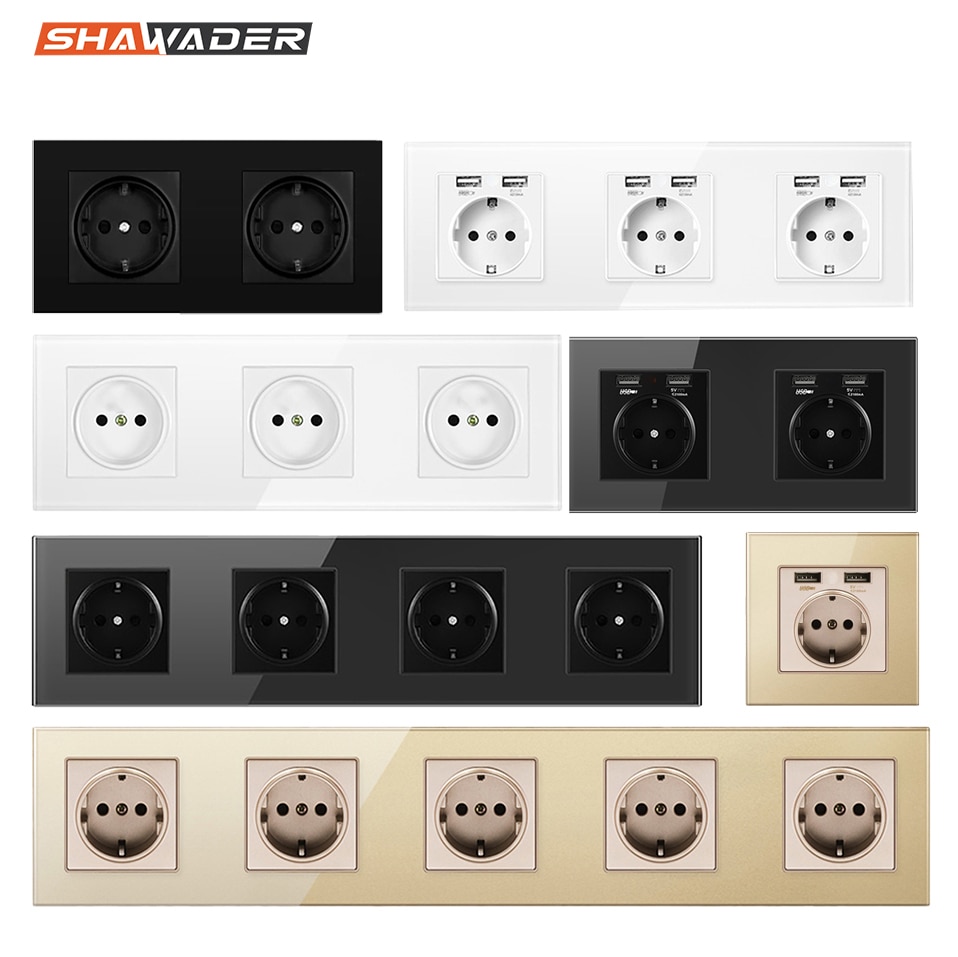 orfvqu98 Wall mounted power supply 2/3/4/5-way EU plug socket 220V 16A crystal glass panel multi jack USB charging
