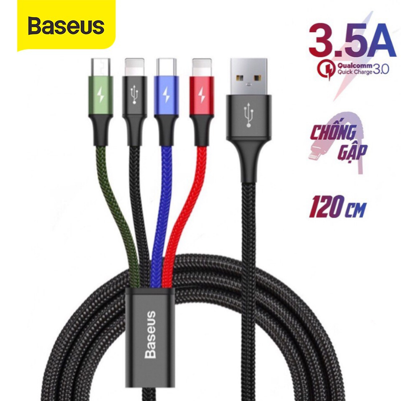 Dây sạc 4 đầu baseus 3.5A lightning micro usb type c - Cáp sạc đa năng 3 in 1 chống gập gãy cho iphone samsung oppo ..vv