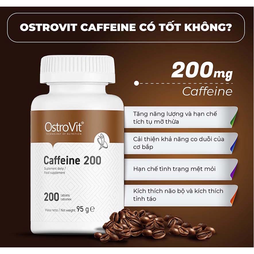 Viên Uống Ostrovit Caffeine (200 Viên) - Hỗ Trợ Tỉnh Táo, Giảm Mệt Mỏi, Tăng Khả Năng Tập Trung Não Bộ