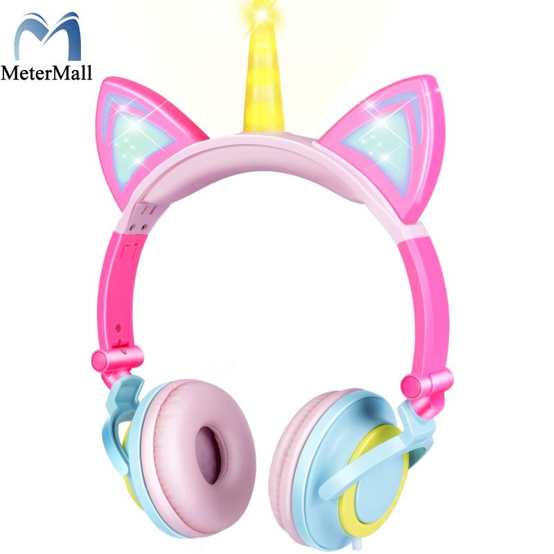 Tai nghe có dây hình tai mèo dễ thương cho trẻ em tai nghe nhét tai có đèn Led phát sáng tai nghe chơi game thiết kế gập linh hoạt dễ cất giữ và mang theo - INTL thumbnail