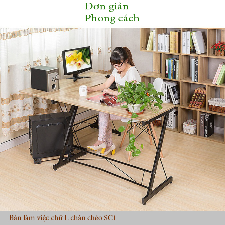 Bàn làm việc chữ L, Bàn máy tính kê góc để làm việc tiết kiệm diện tích, Bàn góc vuông gỗ MDF cao cấp có ngăn kéo chân chéo