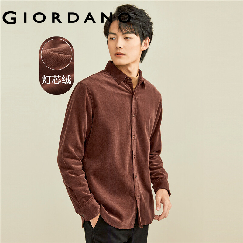Giordano men shirts 100% cotton comfy corduroy long sleeve shirts solid color button closure warm simple casual shirts 13042808