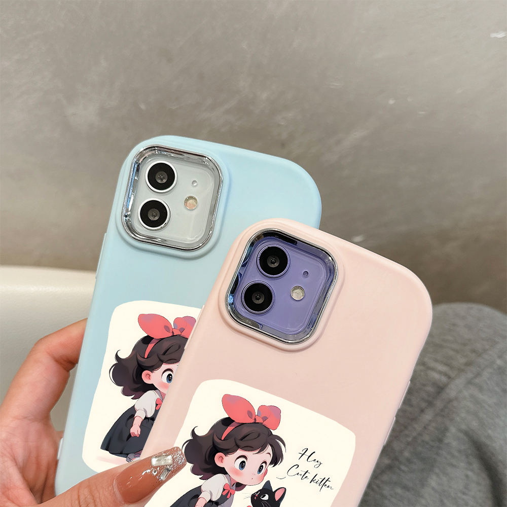 AMORVOR Case for Redmi Note 12 4G Cute Little Girl and Black Cat Back Cover Pattern Luxury Plating Metal Lens Soft Liquid Silicone Case. 