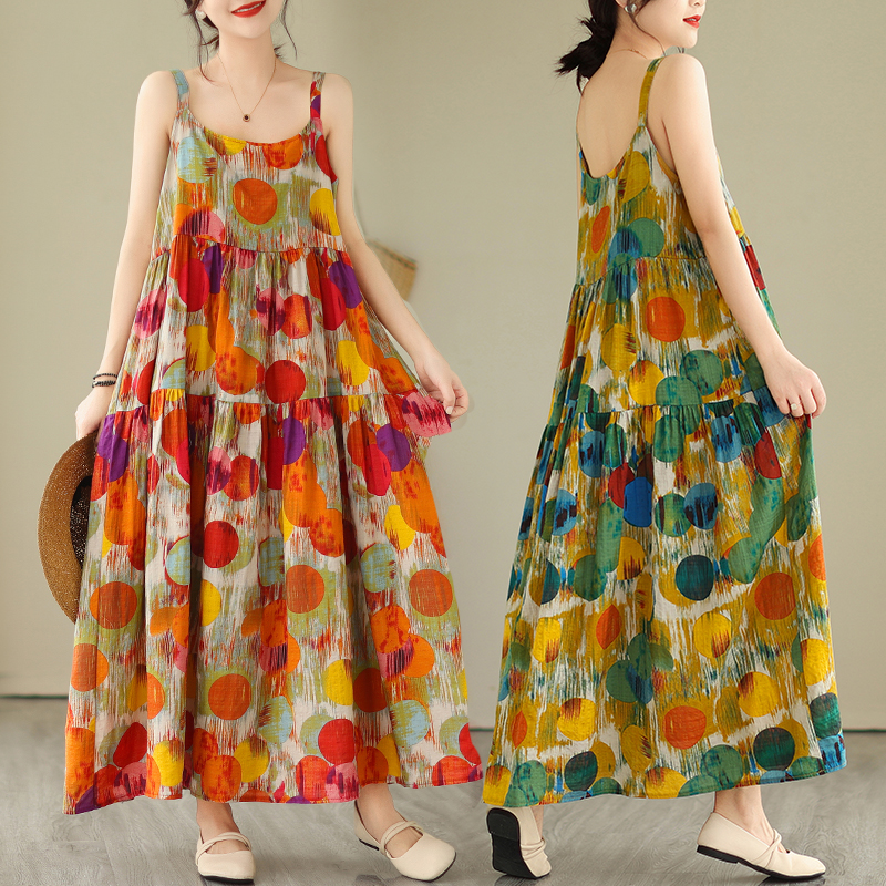 WhiteTime Color Polka Dot Dress Sentie Artistic Halter Dress Casual Plus-size Skirt Bohemian Holiday Long Dress Halter Beach Dress301T3118