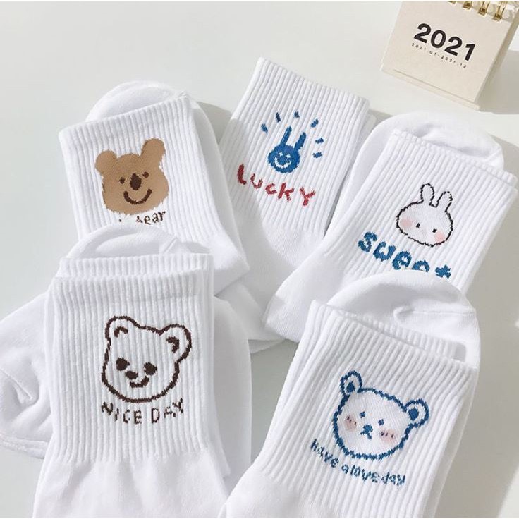 Combo 5 đôi tất nữ cổ cao Màu Trắng Mix Gấu Thỏ