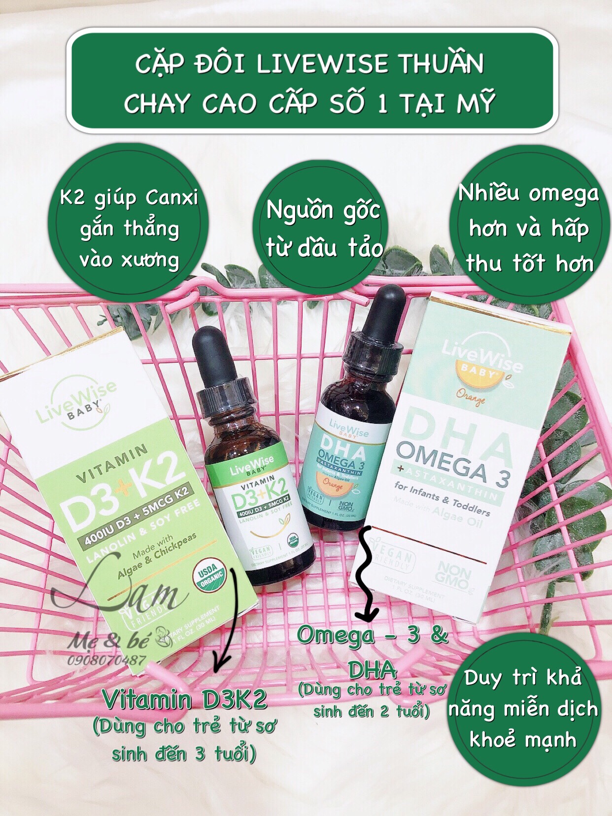 VITAMIN D3K2 VÀ DHA ORGANIC LIVEWISE CHO BÉ TỪ SƠ SINH