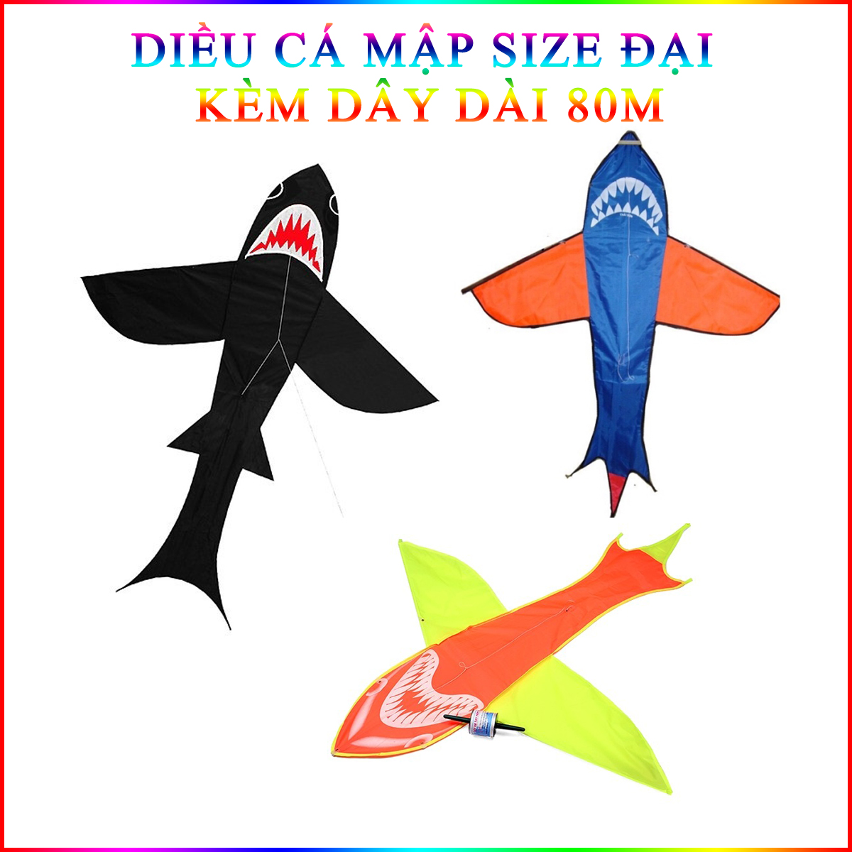 Diều thả ngoài trời hình cá mập 170x140cm kèm dây dài 80m