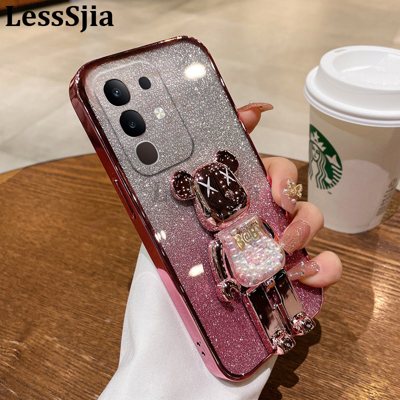 Phone cover Vivo Y29 4G Back Case with Cartoon 3D Bear Stand Luxury Slim Gradient Plating Glitter Girls Stylish For Vivo Y29 4G Phone cases.