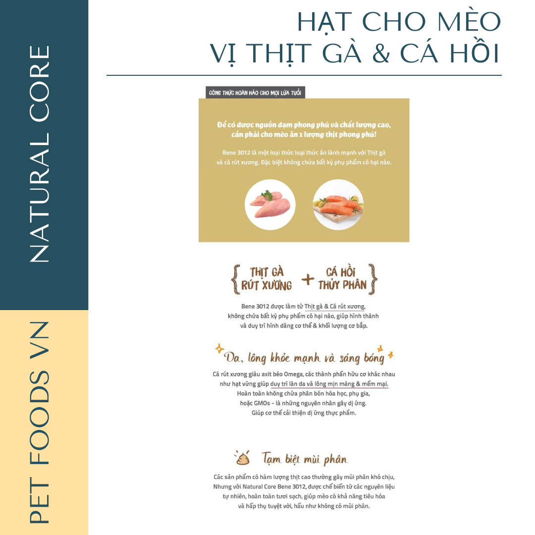 Hạt cho mèo NATURAL CORE CAT C3 Bene 3012 vị Thịt Gà & Cá Hồi