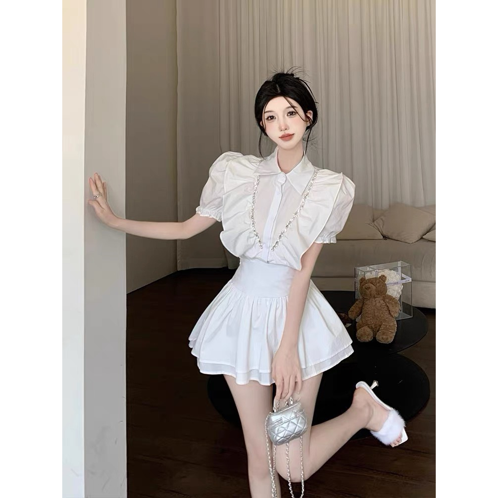 Set áo sơ mi bèo trắng đính dây đá + chân váy bo eo bèo