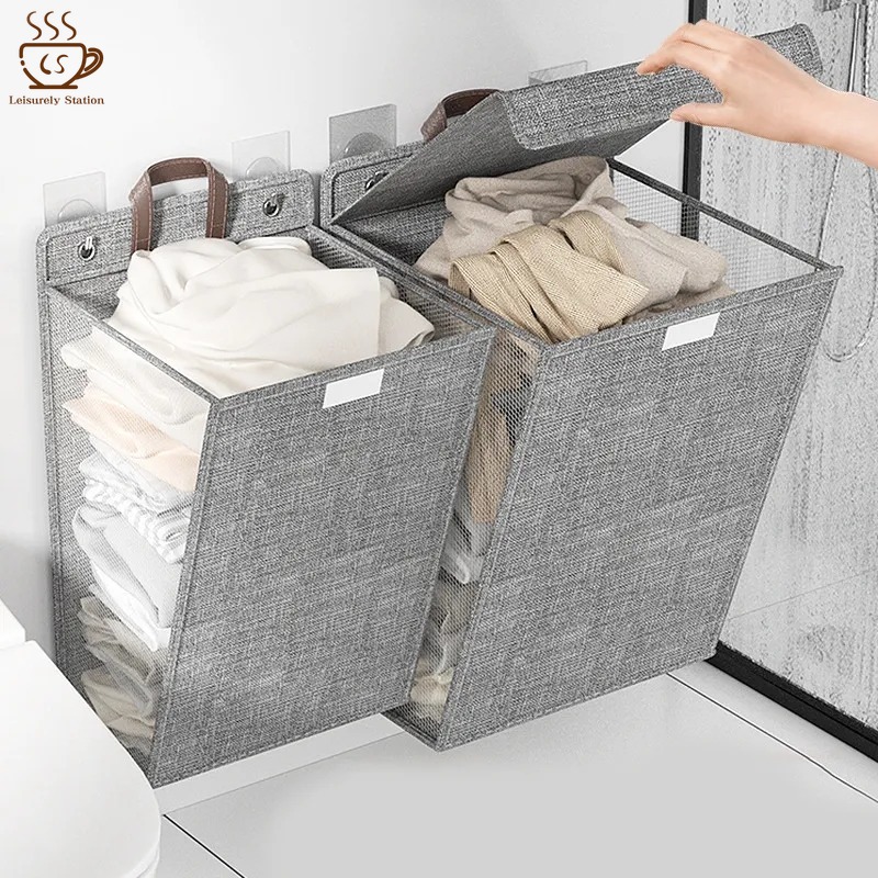 Large Capacity Foldable Hanging Laundry Basket Linen Wall-mounted Dirty Clothes Basket Space-saving Waterproof Bathroom Storage Basket