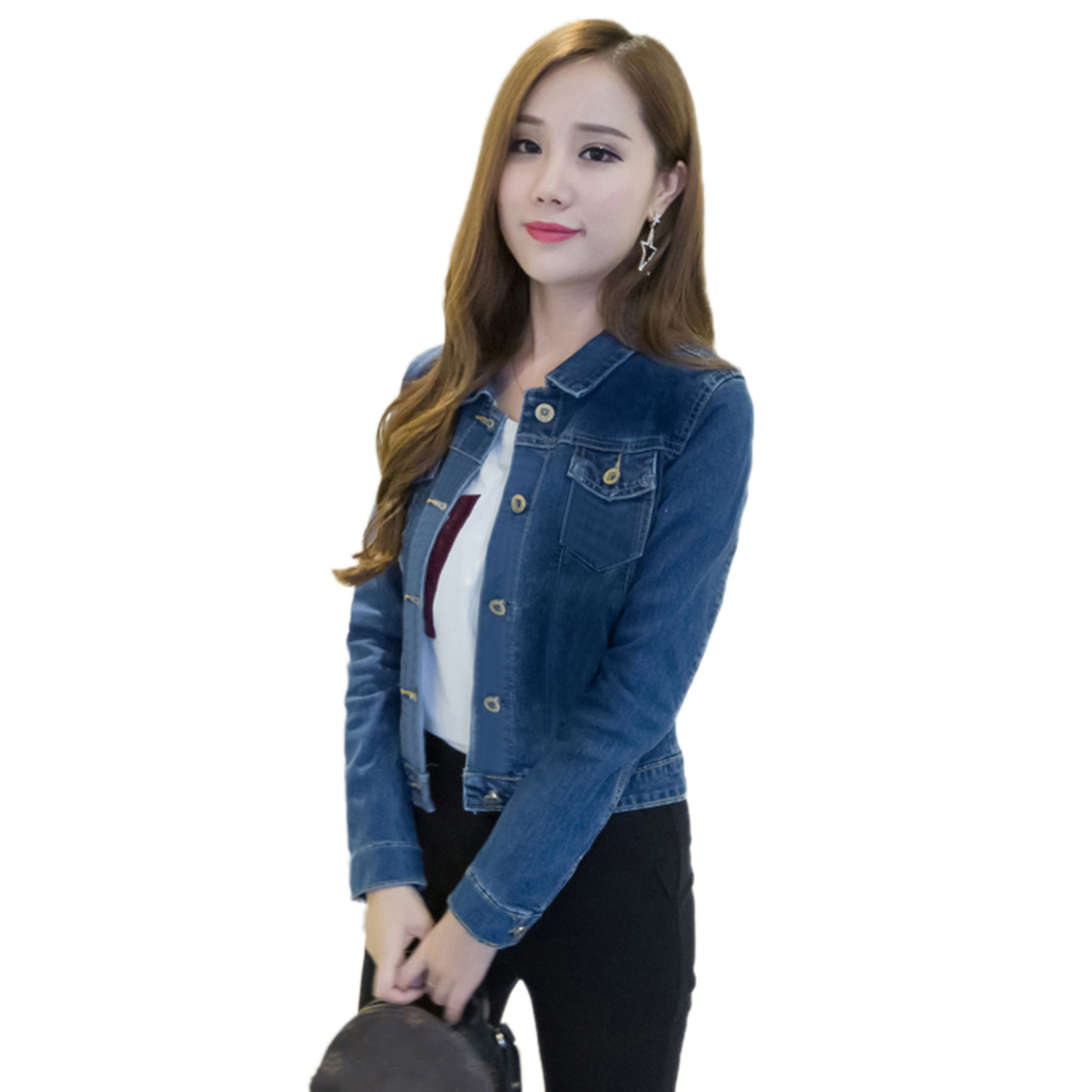 Cherise Women Short Jeans Jacket Slim Turn Down Collar Long Sleeve