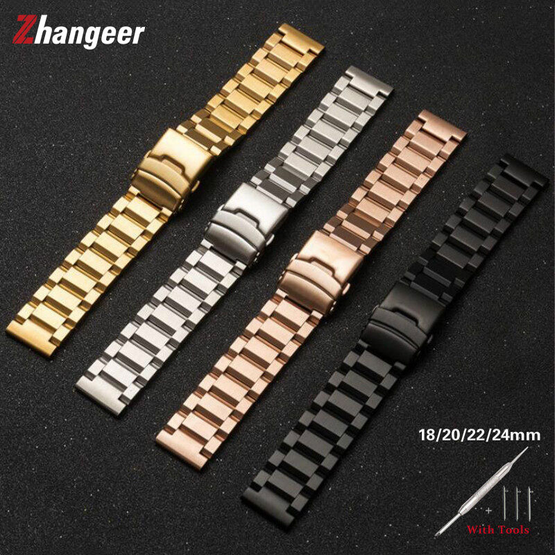 zhangeer Wristwatch / smart watch universal Full Stainless Steel Watchbands Bracelet 18mm 19mm 20mm 21mm 22mm 23mm 24mm 25mm Solid Metal Watch Band Men Strap Three bead double safety buckle Accessories