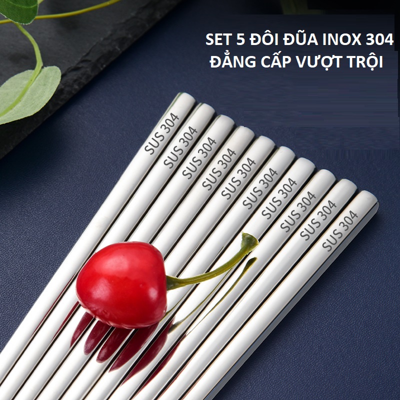 Đũa Vuông Inox 304 Cao Cấp Khắc Laser Chống Trượt Dài 23.5cm nặng 33gr (một đôi)  Inox Sáng Bóng