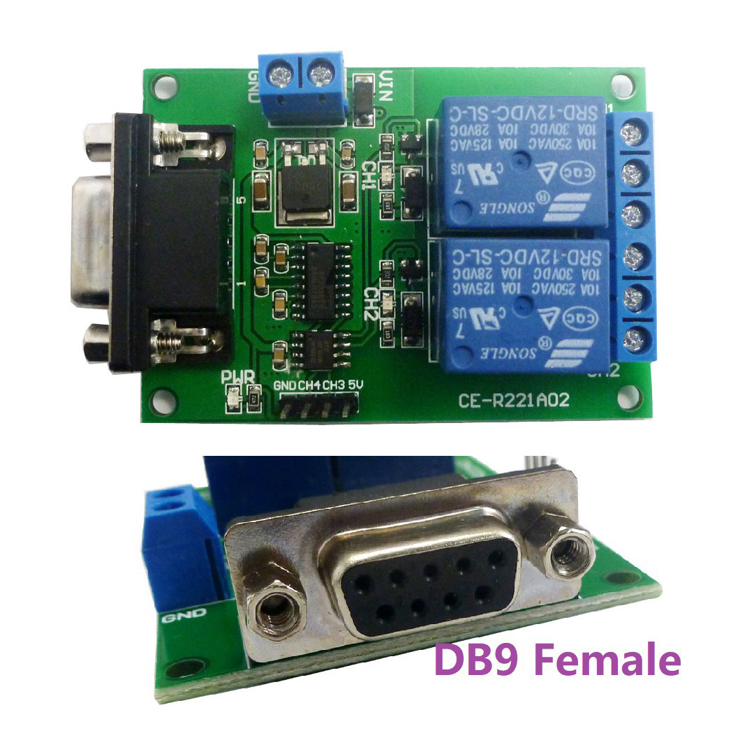 Tb351 2 channel dc 12v serial port relay module pc computer usb rs232 db9 rs485 uart remote control switch board smart home