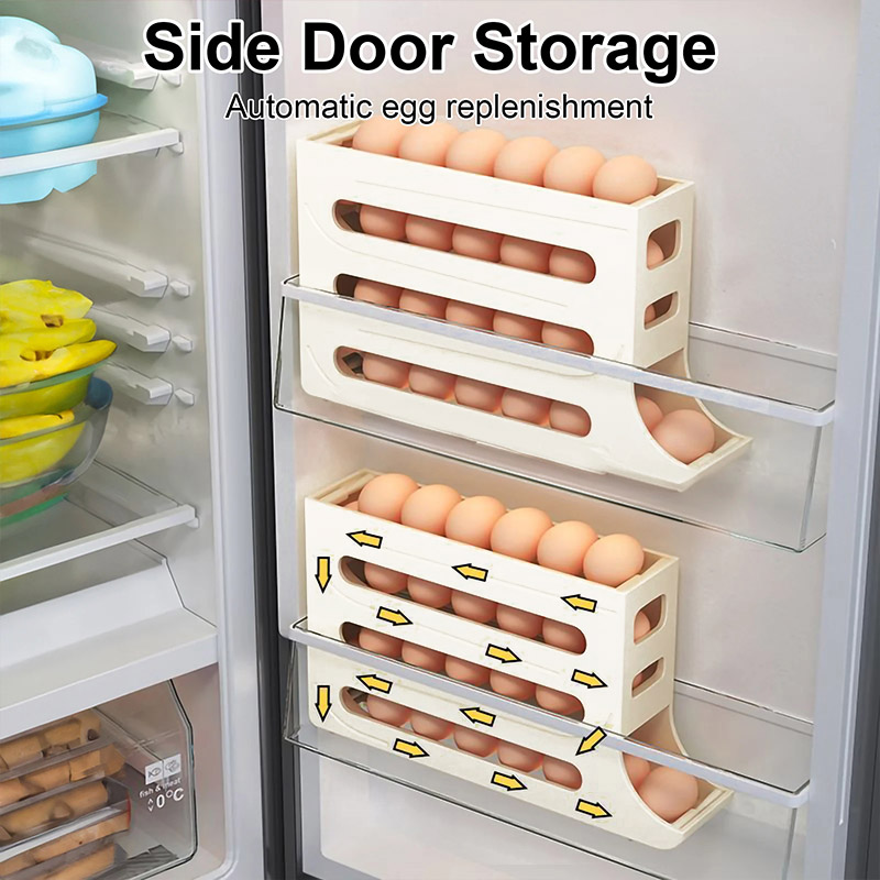 Household kitchen egg storage box, large capacity refrigerator side door dedicated four layer slide automatic egg box