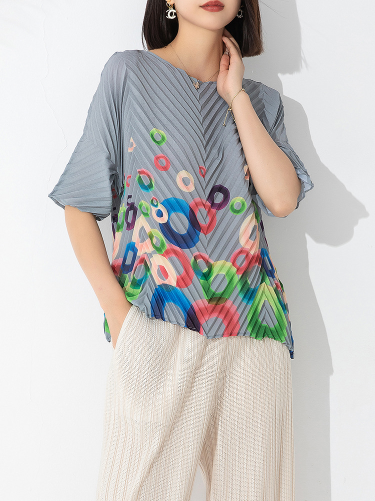 Ngắn tay hàng đầu phong cách lỏng cỡ lỡn cổ tròn áo thun Handmade xếp li in thoải mái Áo phông xếp li # rs20230319