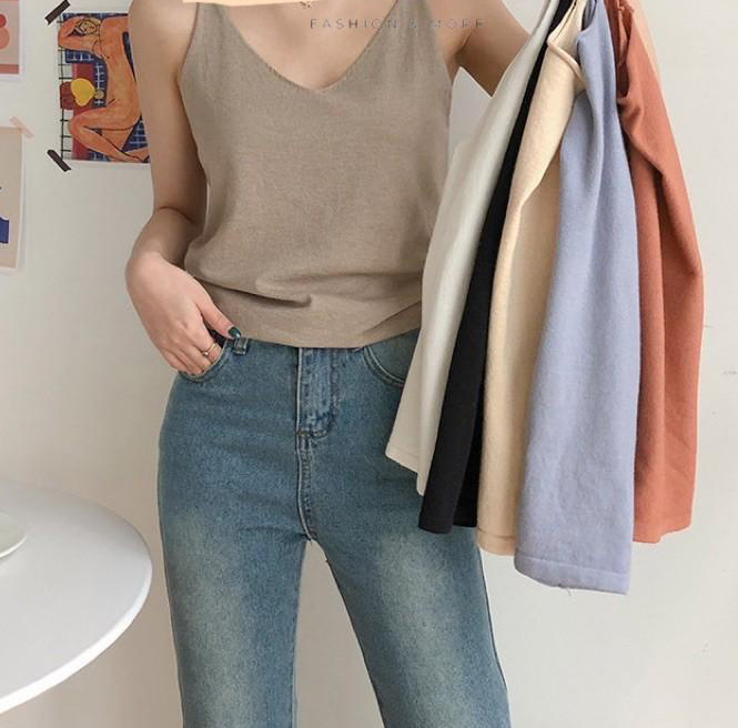 Áo 2 dây cổ tim len lông cừu siêu mềm