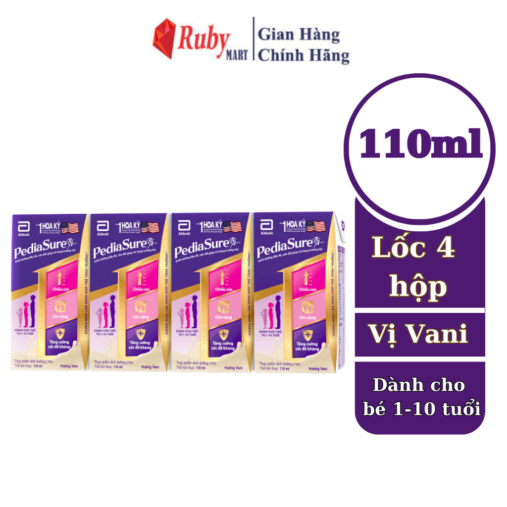 [Date T10/24 Lốc 4 hộp sữa nước Pediasure hương vani cho trẻ 1-10 tuổi