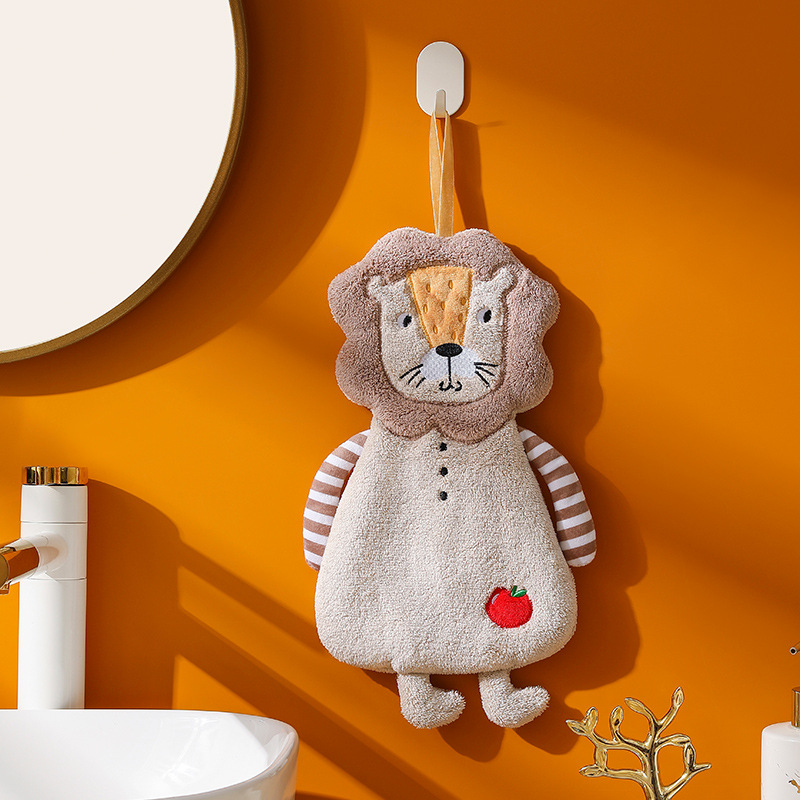 Towel Cartoon animal shape coral velvet hand towel Bathroom hanging absorbent towel Kitchen thick embroidered square towel