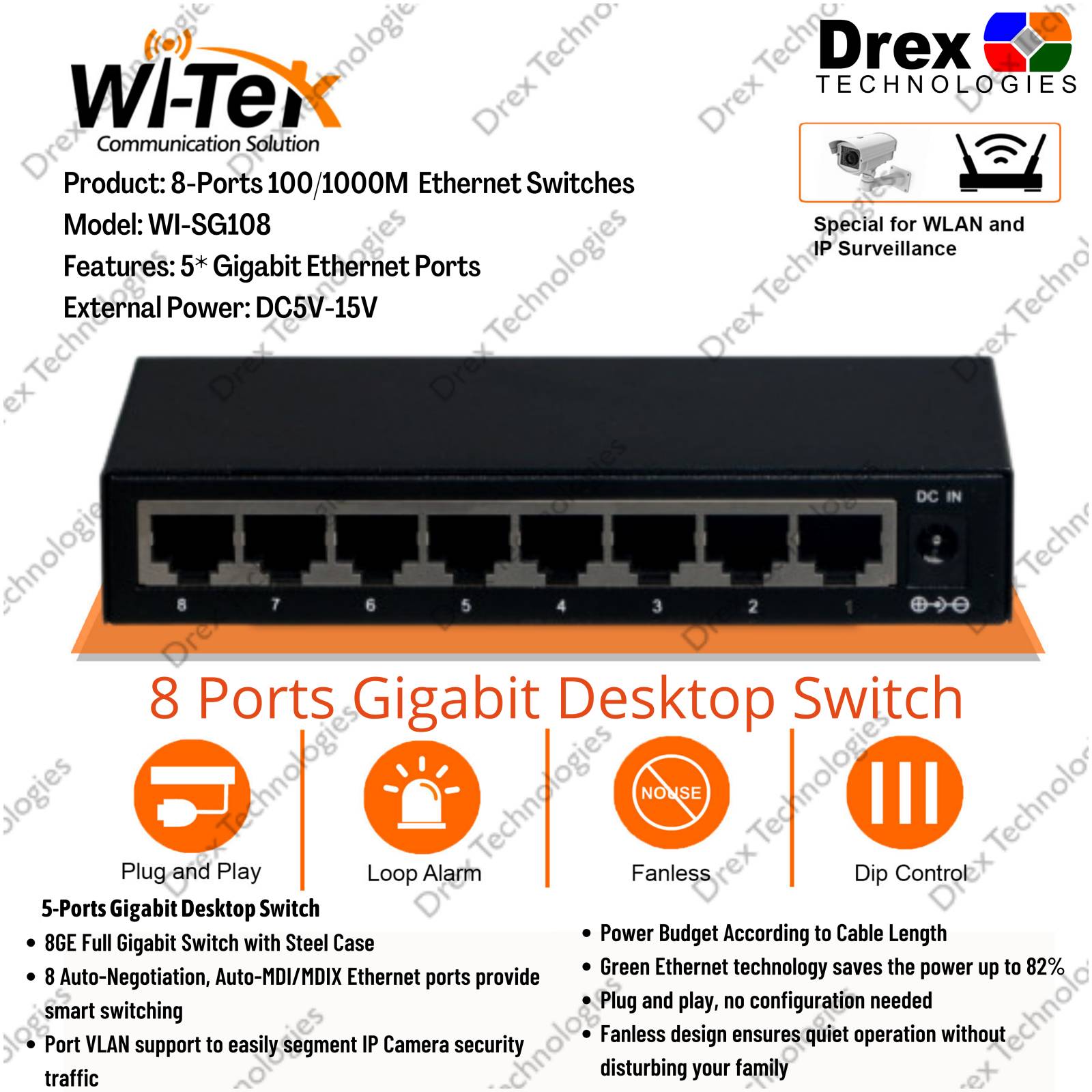 WITEK WISG108 8Port Gigabit Switch 100/1000MBPS Desktop Metal Switch