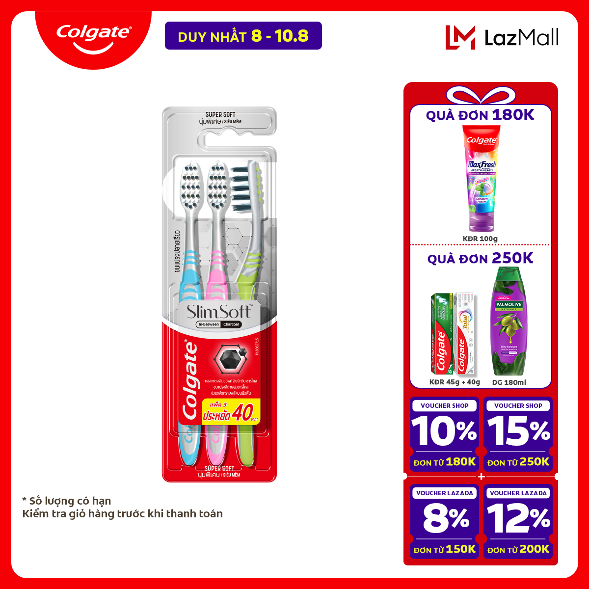 [Chỉ 20H 6.7 - 2H 7.7_X2 Voucher giảm 24%] Bàn chải Colgate Slimsoft lông chải mềm mảnh xen sợi phủ than hoạt tính