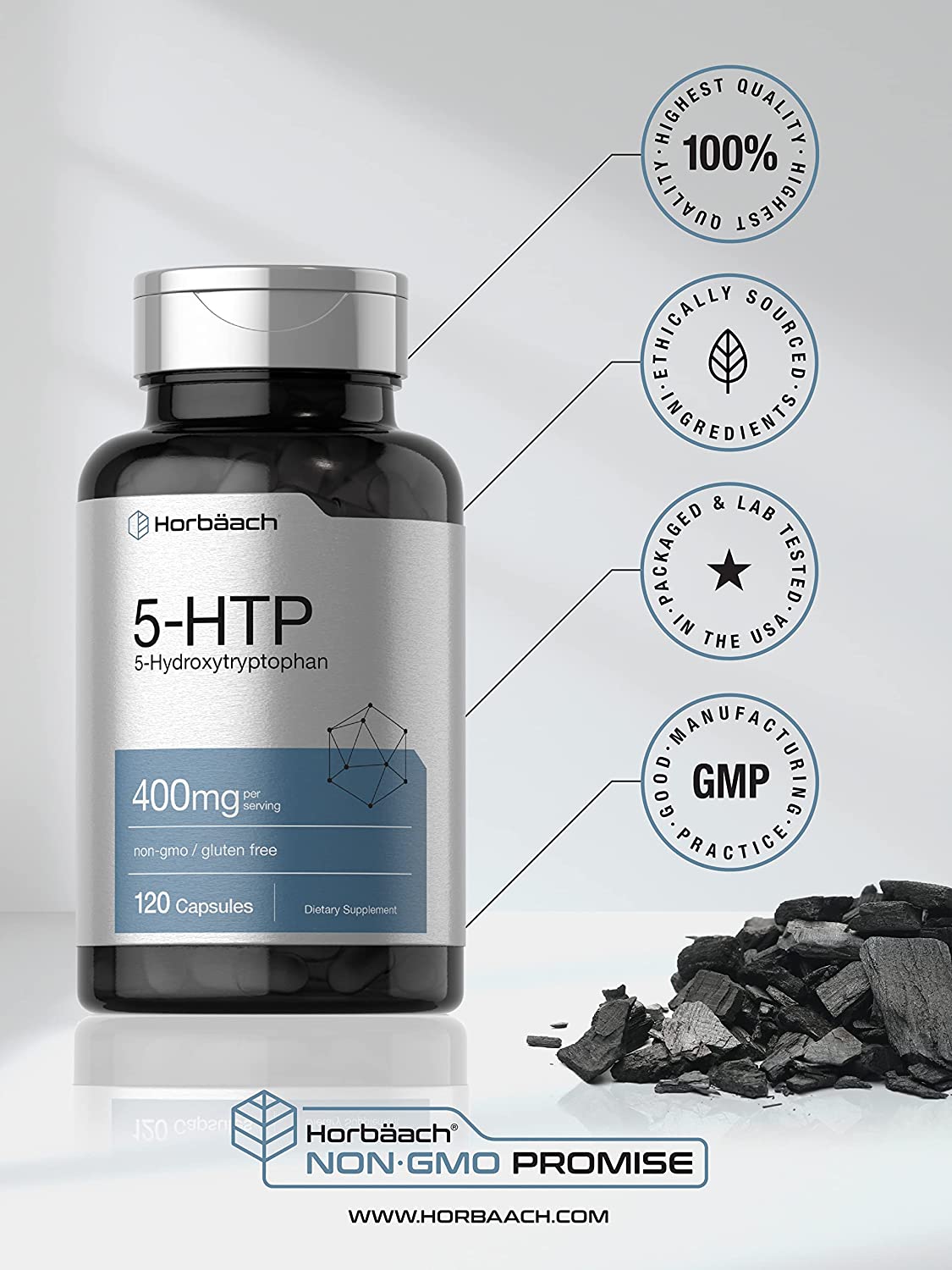Horbaach 5-HTP 400mg 120 viên - Giúp giảm stress, điều hòa cảm xúc, suy nhược và ổn định giấc ngủ.