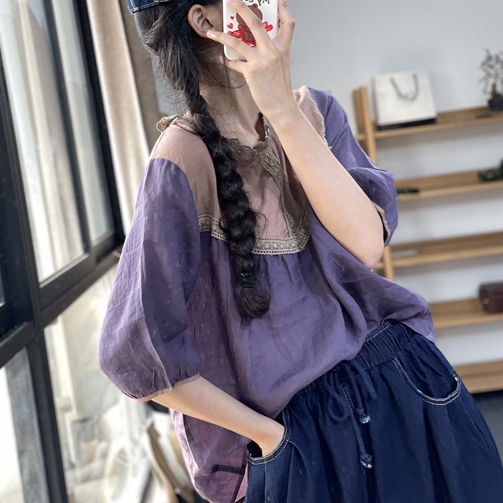 WhiteTime Summer Vintage Fold Wood Ear Collar Patchwork Color Contrast Cloth Small Shirt Casual Light Shirt Women Loose All Over The Top301T3037