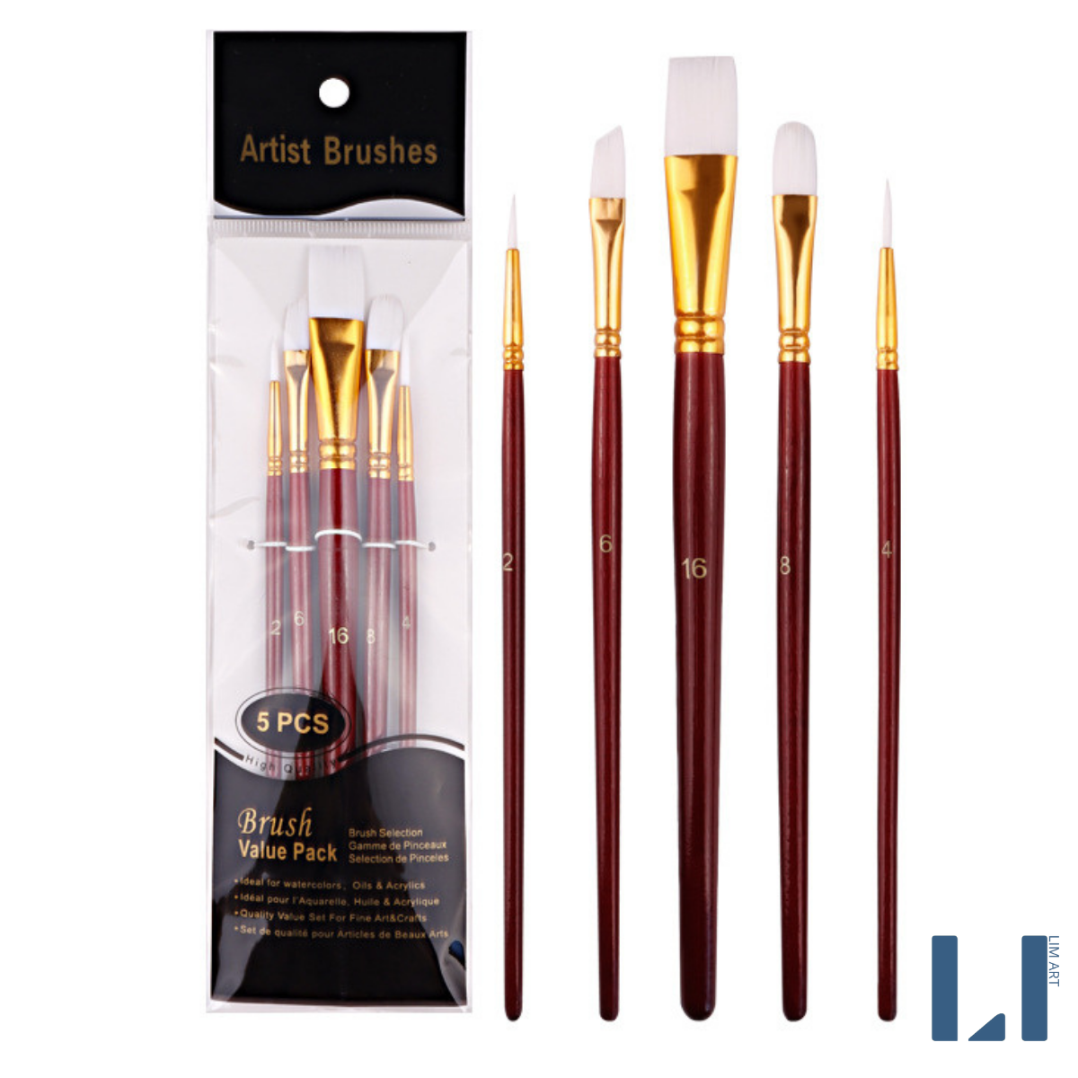 Bộ cọ vẽ gỗ cao cấp chuyên dụng vẽ tranh, tô tranh số hóa. Set 5 cọ vẽ cán gỗ màu nước, acrylic, sơn dầu, gouache,...