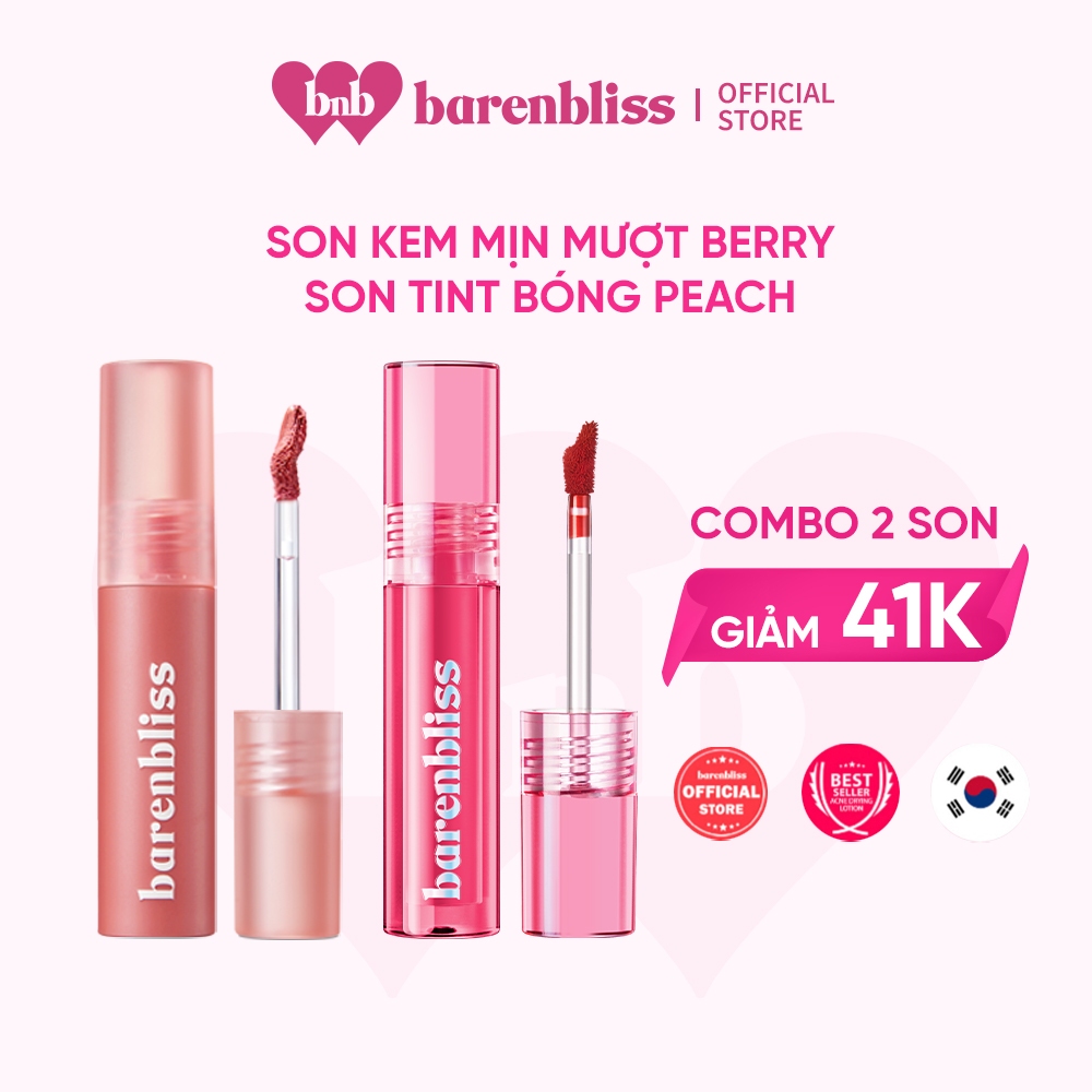 Set son tint Peach & son lì Cherry barenbliss (Son Tint Bóng Peach Căng Mọng Đôi Môi & Son Kem Lì Cherry Mịn Mượt)