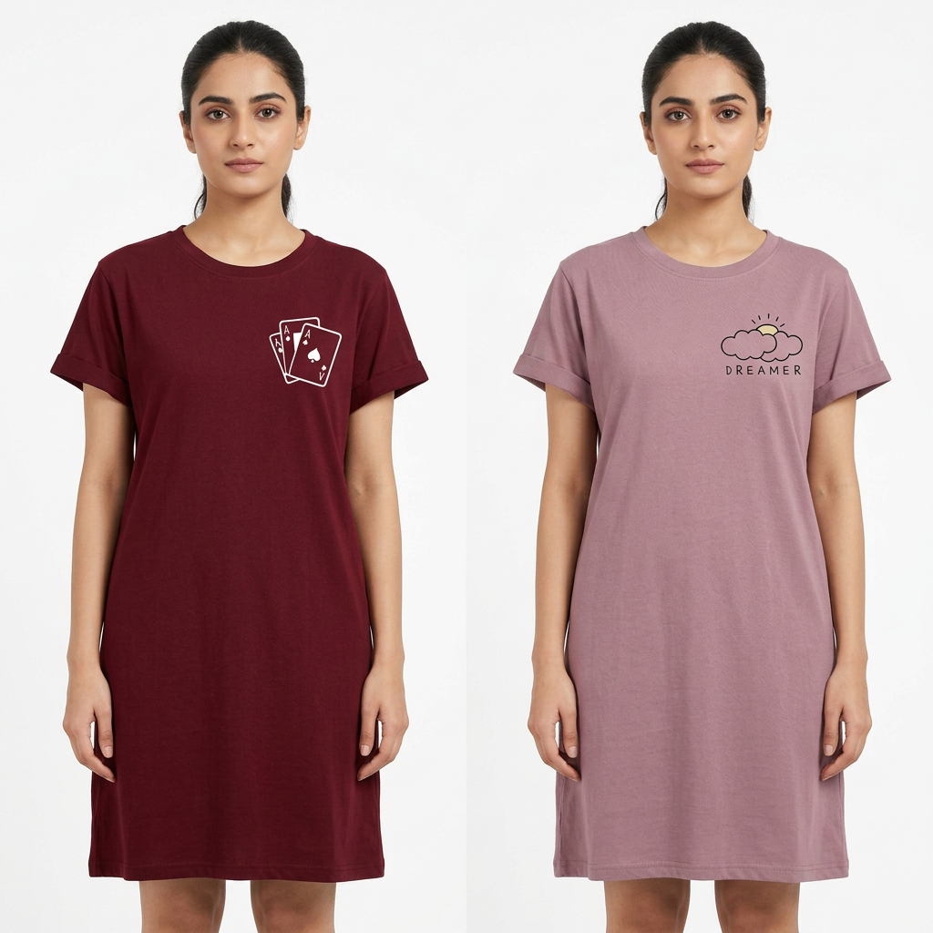Aua N Co Pack Of Two Long Printed T Shirts For Women And Girls Comfortable Casual Everyday Basic Tops
