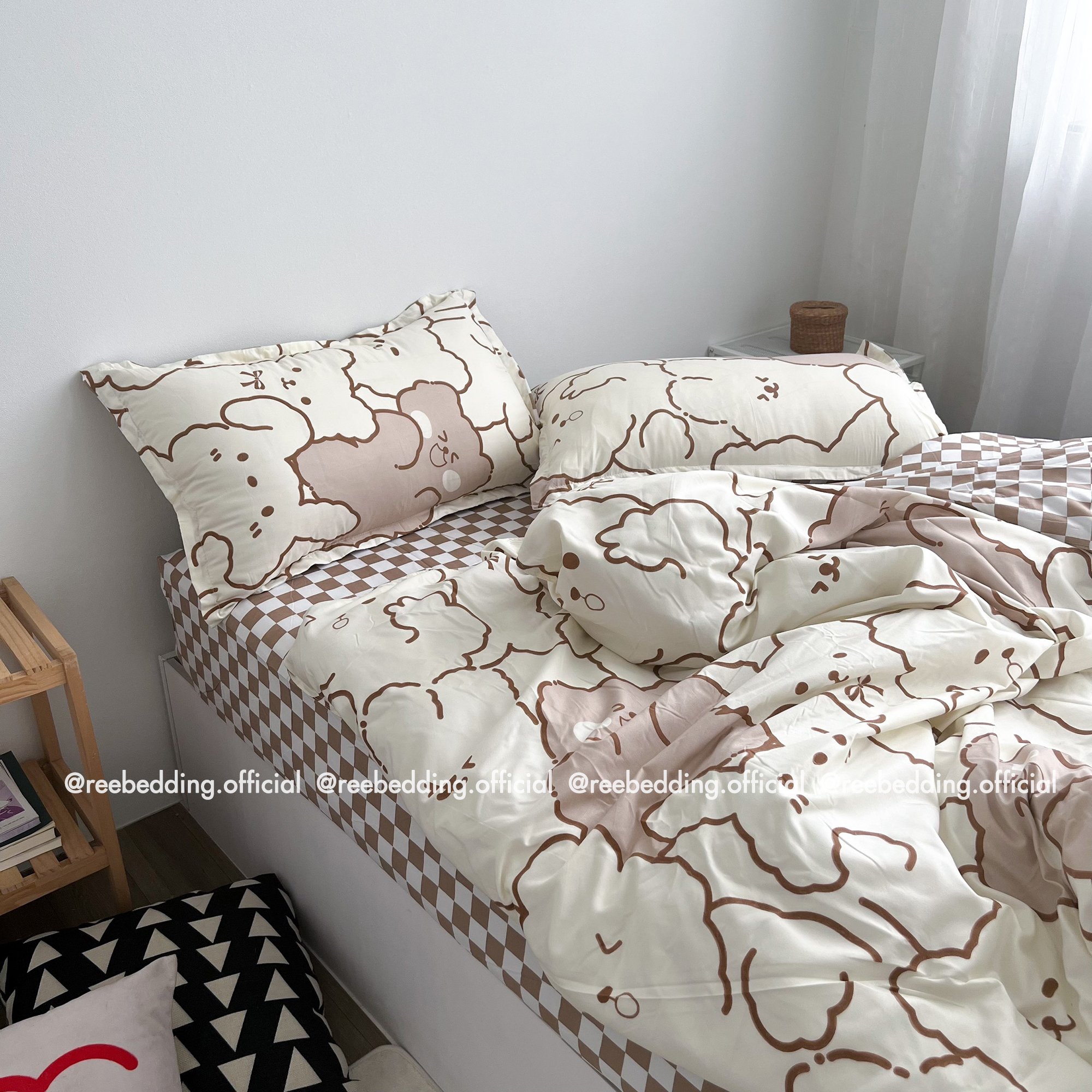 Bộ chăn ga gối poly cotton REE Bedding PLC38 gấu caro nâu đủ size giường nệm 1m2, 1m4, 1m6, 1m8, 2m