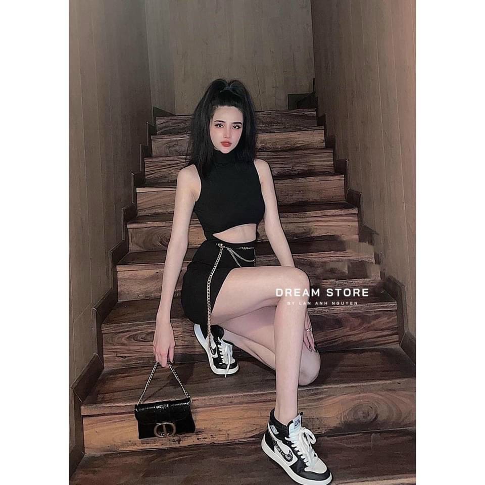 Đầm khoét eo đính dây xích ôm body 4 màu basic hot hit dễ phối đồ