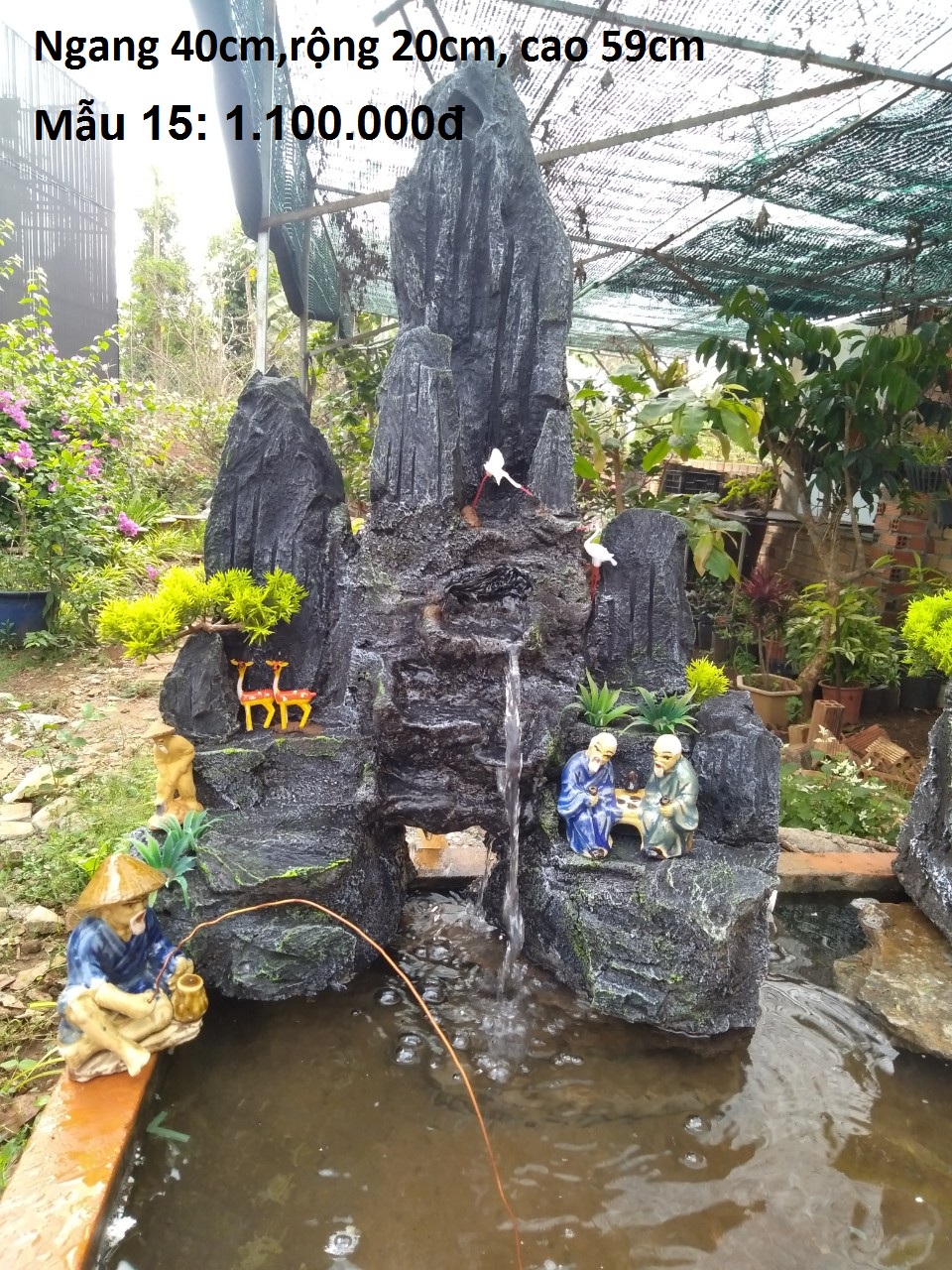 Hòn non bộ hồ cá cóthác nước sinh động,hòn non bộ mini,tiểu cảnh bể cá