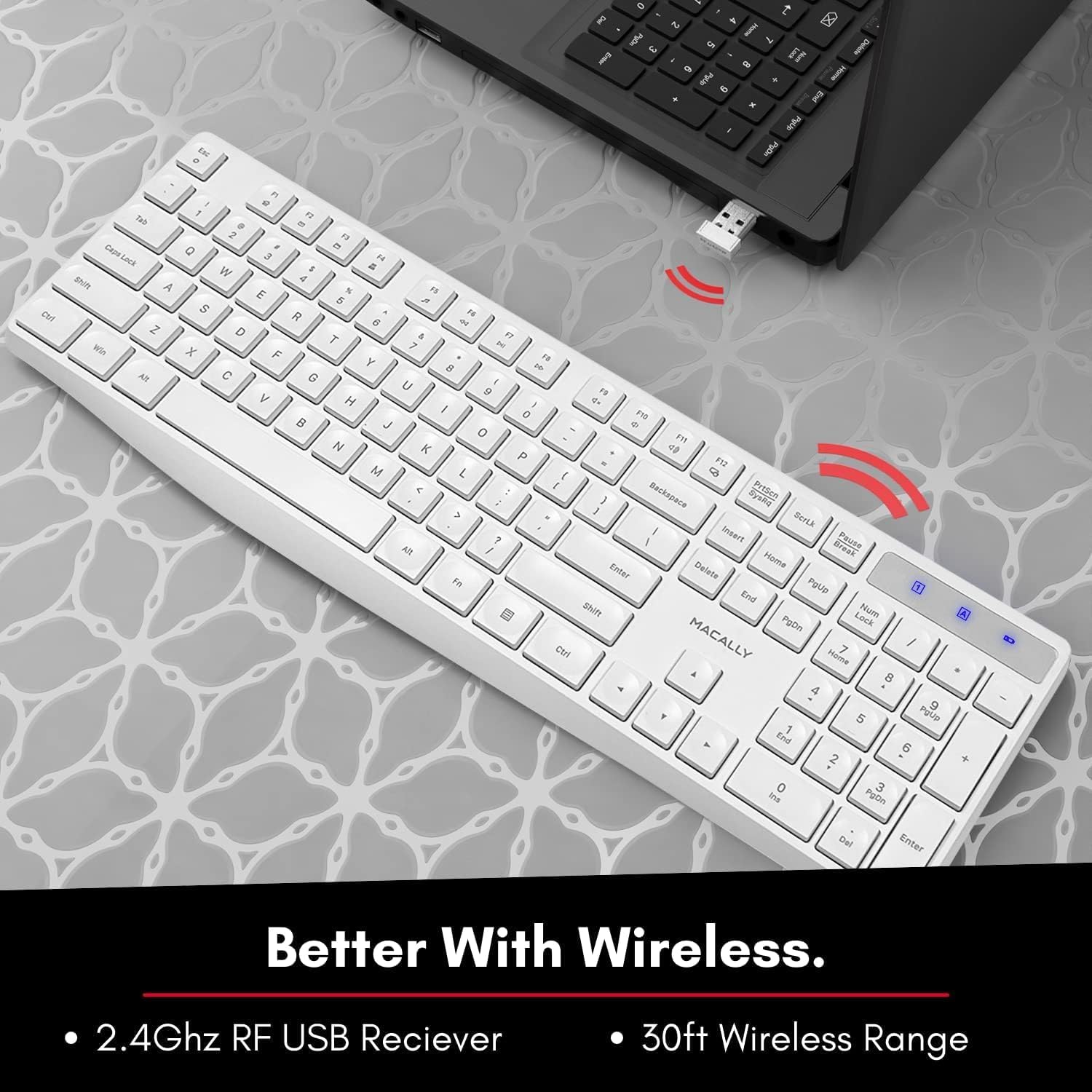 Macally Wireless Keyboard - 2.4G Ergonomic Full Size White Keyboard with Numeric Keypad & 13 Shortcut Keys - Plug & Play Quiet Cordless Keyboard for Laptop, PC, Windows Desktop, and Chromebook. 