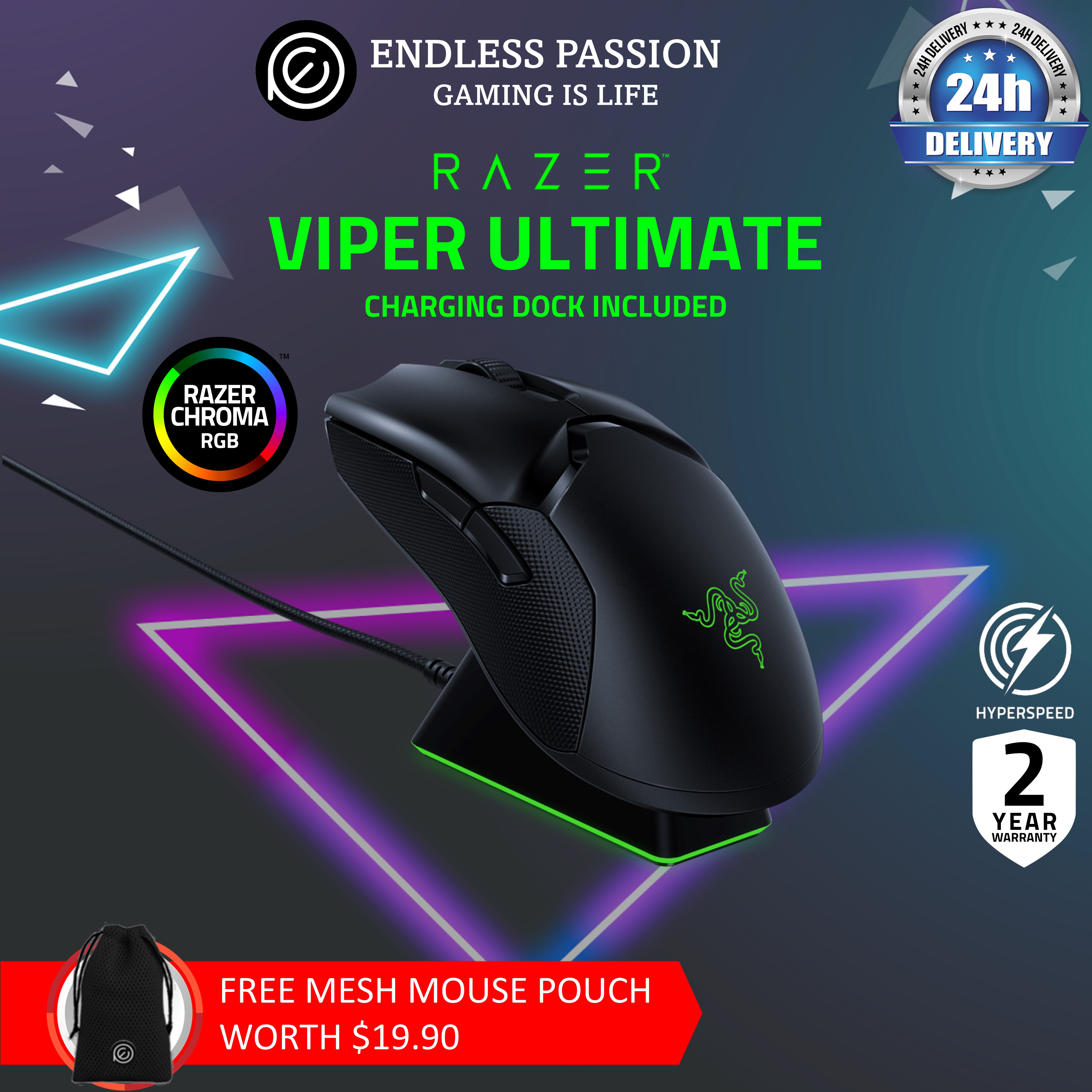 Razer Viper Ultimate Hyperspeed Ambidextrous Wireless Gaming Mouse Rgb Charging Dock Fastest Gaming Mouse Switch k Dpi Optical Sensor Chroma Lighting 8 Programmable Buttons 70 Hr Battery Lazada Singapore