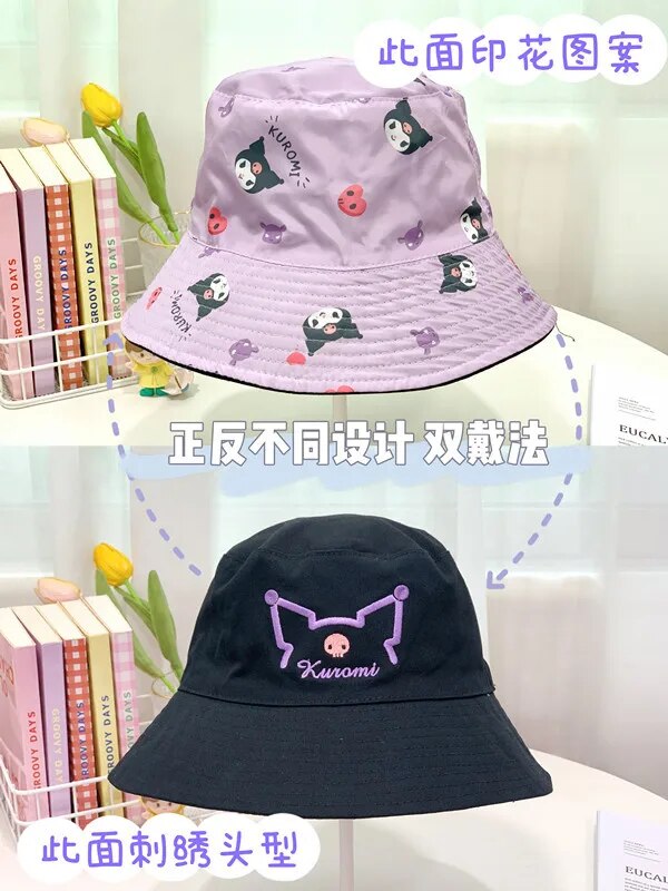 Kawaii Cute Sanrio Kuromi Mymelody Cinnamoroll Pochacco Pom Pom Purin Sun Hat Fisherman Hat Two-Sided Christmas Gift For Girls