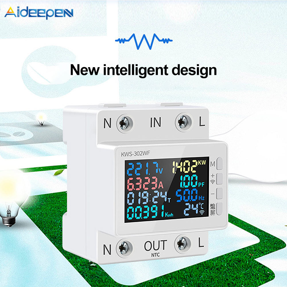 Aideepen Đồng hồ đo năng lượng kỹ thuật số đa chức năng Din Rail Power Meter Đồng hồ kWh với màn hình LED AC170-300V