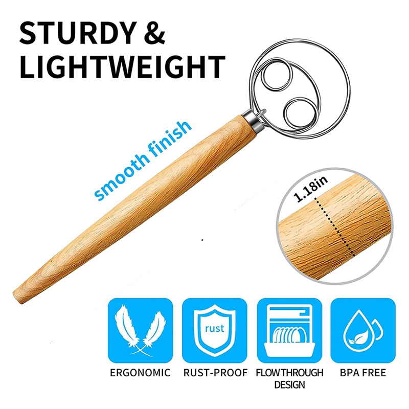 Danish Dough Whisk Dutch Style Bread Dough Hand Mixer Wooden Handle Kitchen