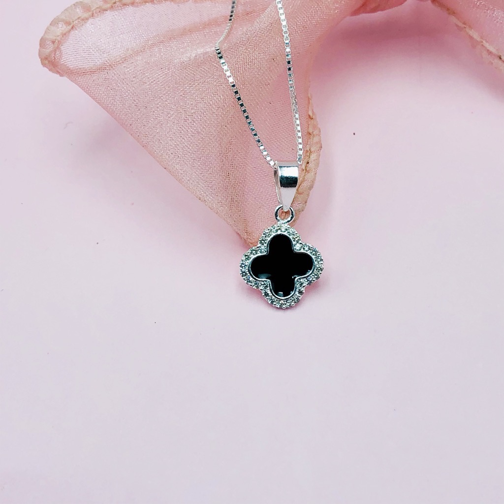 Dây Chuyền, Vòng Cổ Bạc 925 Cỏ 4 Lá Viền Đá Tấm Sáng Đẹp Chính Hãng Bạc Hiểu Minh DMD498