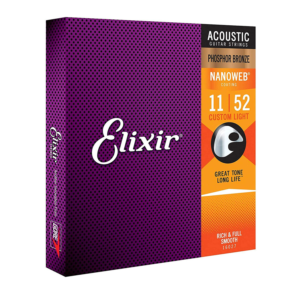 Elixir 16027 Nanoweb Lớp Phủ Phosphor Bronze Acoustic Guitar Strings Tùy Chỉnh Ánh Sáng 11-52 6 Strings