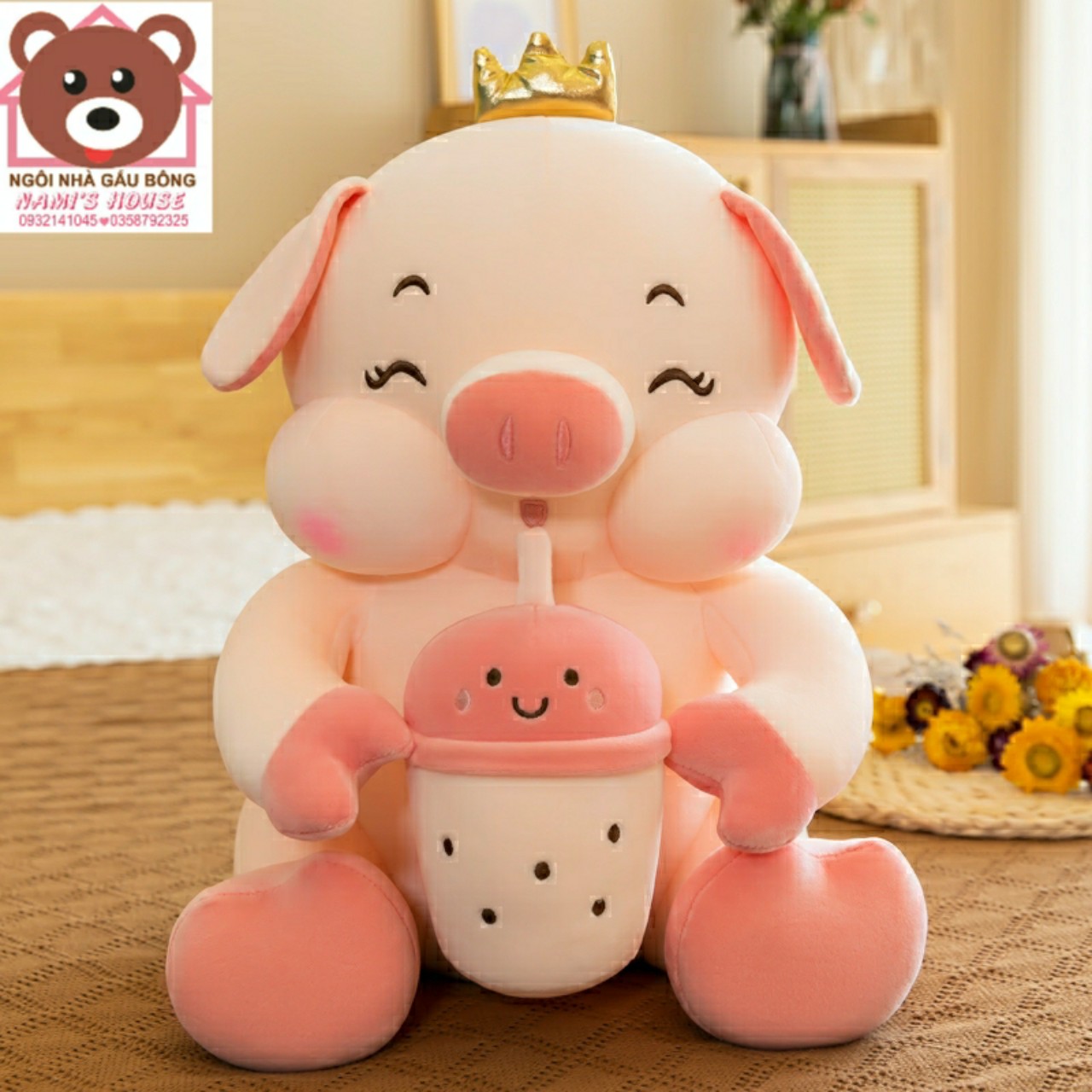 Gấu bông heo ôm bình sữa  - ôm trà sữa