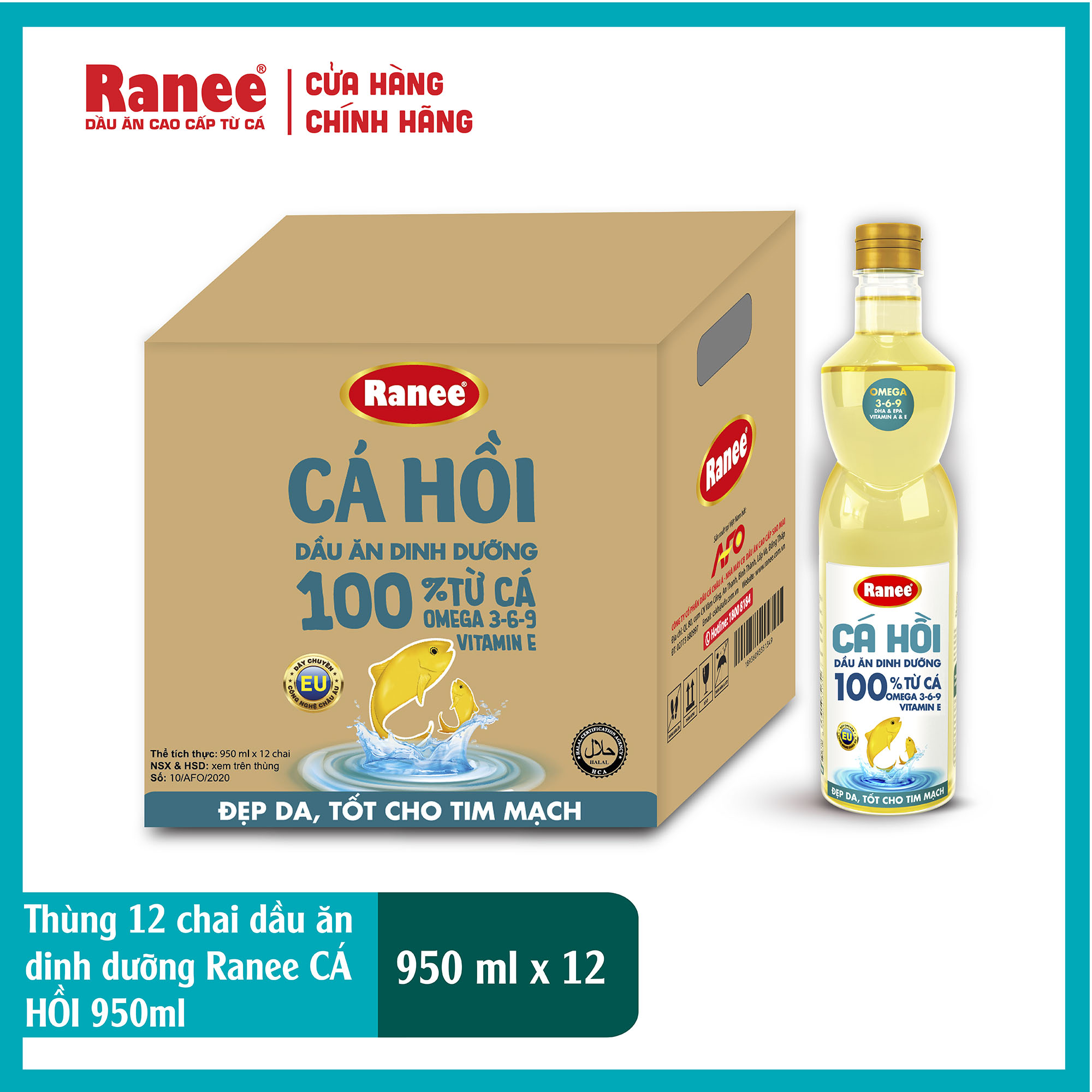 Thùng dầu ăn Ranee Cá Hồi 950ml - 1 lít  (950ml/chai  hoặc 1 lít x 12 chai)