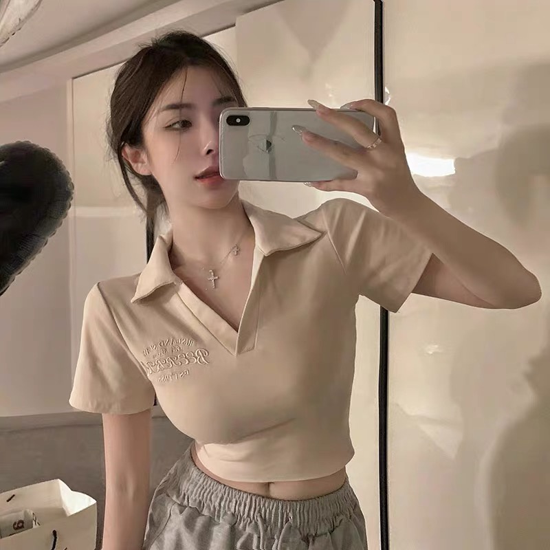[FREESHIP + VOUCHER] Áo thun croptop cổ polo thêu chữ